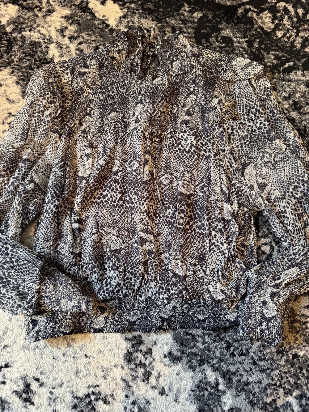 Free People Black and White Smocked Animal Print Blouse